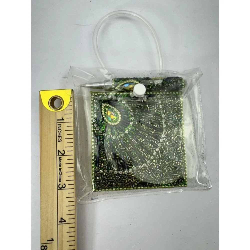 Pier 1 Mini Notebook Green Peacock Sequined With Mini Pen and Plastic Bag